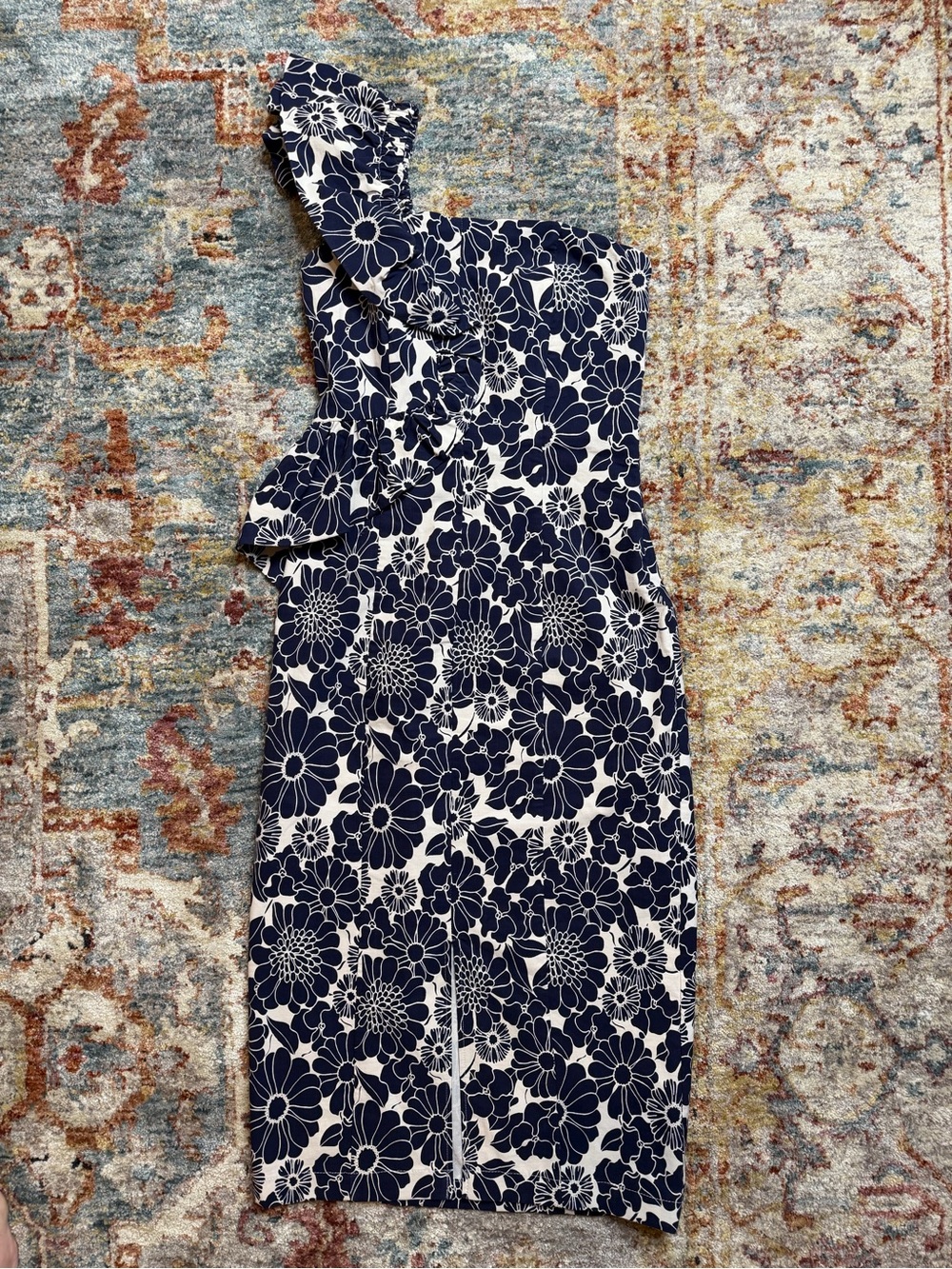 Anthropologie One-Shoulder Navy and White Floral Sheath Dress